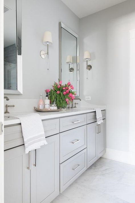 Light Gray Bath Vanity Cabinets with Silver Beveled Mirrors - Transitional - Bathroom Light Grey Bathrooms, Grey Bathroom Cabinets, Beveled Mirrors, Grey Bathrooms Designs, Gray And White Bathroom, Light Gray Cabinets, White Marble Bathrooms, New House Bathroom, Vanity Cabinets