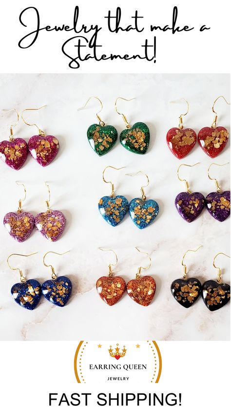 You will enjoy these beautiful small Glitter Heart Dangle Earrings with gold leaf and gold over 925 silver hooks. They come in various colors. These gorgeous, lightweight earrings are approximately dime-sized. These heart earrings are perfect for little girls, best friends, daily wear, birthdays, holiday parties, and much more! Diy Resin Accessories, Diy Resin Earrings, Small Dangle Earrings, Queen Jewelry, Resin Jewelry Diy, Diy Resin Art, Glitter Earrings, Heart Dangle Earrings, Earring Tutorial