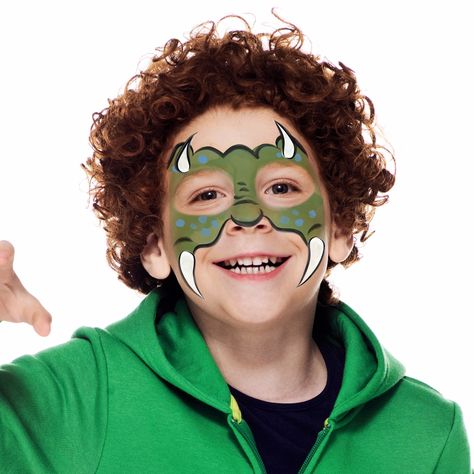 Jurassic Park Face Painting, Dino Face Paint Easy, Trex Face Paint, Dino Face Paint, Dinosaur Face Paint Easy, Dinosaur Face Paint, Triceratops Face Paint, Triceratops Mask Kids, Snazaroo Face Paint