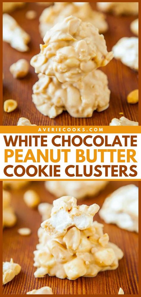 Here's a Christmas sweet you can give out as a gift! This no-bake cookie starts with a mixture of rice cereal, peanuts, and marshmallows. Coated in white chocolate and peanut butter, these cookie clusters are an addictive dessert idea! Marshmallow Peanut Clusters, White Chocolate Cereal Clusters, Peanut Marshmallow Clusters, White Chocolate Nut Clusters, Rocky Road Peanut Clusters, White Chocolate Clusters, White Chocolate Cranberry Pecan Clusters, White Chocolate Peanut Clusters, Christmas Clusters