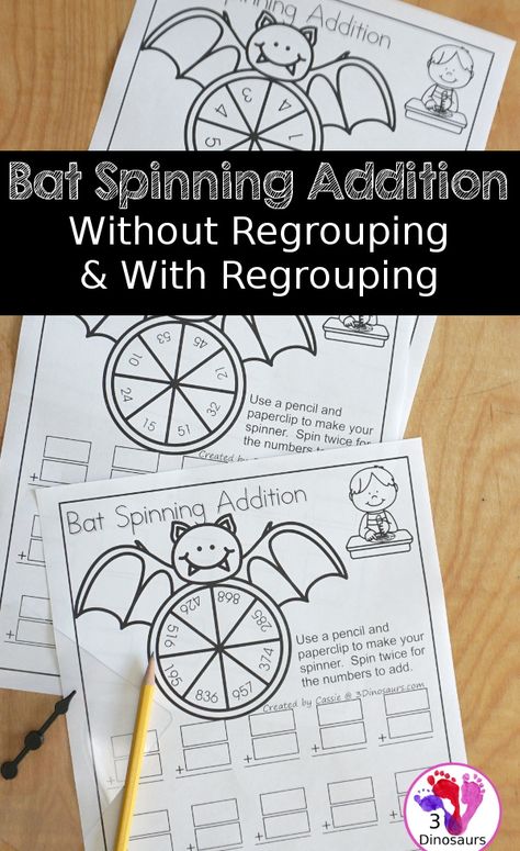 Free Bat Spinning Addition- Easy No-Prep Printable - 3 levels of addition with single digit, double digit and triple digit for kids to work on addition with and without regrouping - 3Dinosaurs.com - 3Dinosaurs.com #freeprintable #additionprintable #halloweenmath #3dinosaurs #mathprintable Addition Doubles Worksheet, 3 Digit Addition Games Free, Addition Regrouping Activities, 3dinosaurs.com Free Printables, Double Digit Math Games, 3 Digit Addition Activities, 3 Digit Subtraction Games, Addition Without Regrouping Activities, Double Digit Addition Games