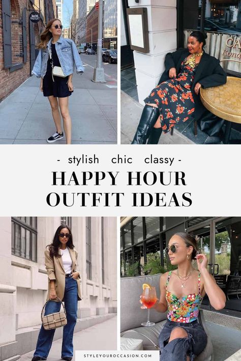 Wondering what to wear to happy hour? This list of chic happy hour outfit ideas is perfect for women who want a nice work happy hour outfit that is classy, or a casual happy hour outfit for the weekend or vacation. See outfits for spring, summer, fall, and winter, no matter your body type - from petite to plus size, you’ll love these looks! Happy Hour Outfit 2023, Happy Hour Summer Outfits, Pub Lunch Outfit Summer, Happy Hour Fall Outfit, Brewery Hopping Outfit, Outfit For Happy Hour, Work Happy Hour Outfit Fall, Casual Day Drinking Outfit Summer, After Work Drinks Outfit Summer