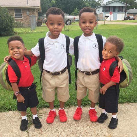 Two Sets of Twin Brothers on their First Day of School! Two Sets Of Twins, Kids Goals, Black Baby Boys, Baby Boy Swag, Beautiful Black Babies, Cute Twins, Twin Boys, Black Baby, School Uniforms