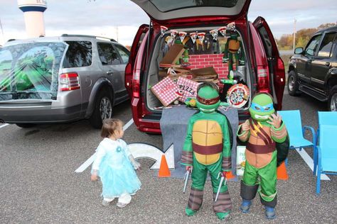 Trunk or Treat | CatchMyParty.com Tmnt Trunk Or Treat Ideas, Ninja Turtles Halloween, Teenage Mutant Ninja Turtles Halloween, Trunker Treat Ideas, Summer Club, Halloween Party Ideas, Treat Ideas, Trunk Or Treat, Cute Animal Drawings