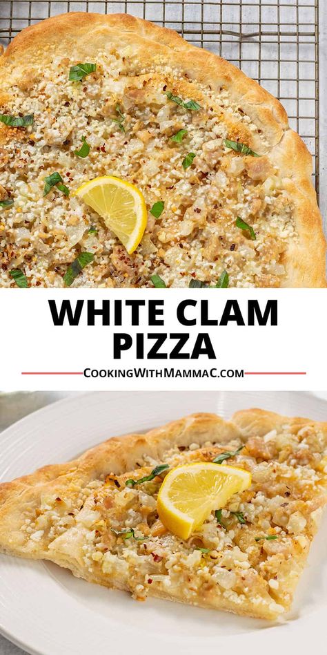 You can make this White Clam Pizza in 30 minutes with prepared pizza dough! Featuring canned clams, buttery onions, garlic and Pecorino Romano, it's a fabulous appetizer pizza! Canned Clam Recipes, Appetizer Pizza, Gourmet Pizza Recipes, Canned Clams, Clam Pizza, Grilled Pizza Recipes, White Pizza Sauce, Flatbread Pizza Recipes, White Pizza Recipes