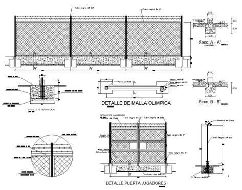 Olympic detail mesh detail drawing in dwg AutoCAD file. Front elevation of the Olympic mesh with dimensions. Top view plan, main gate detail drawing, side section of the main gate, footing detail with detail text and dimensions. Reception Counter Design, Extensive Green Roof, Column Structure, Church Building Design, Detail Drawing, Section Drawing, Civil Engineering Design, Elevation Drawing, Main Gate