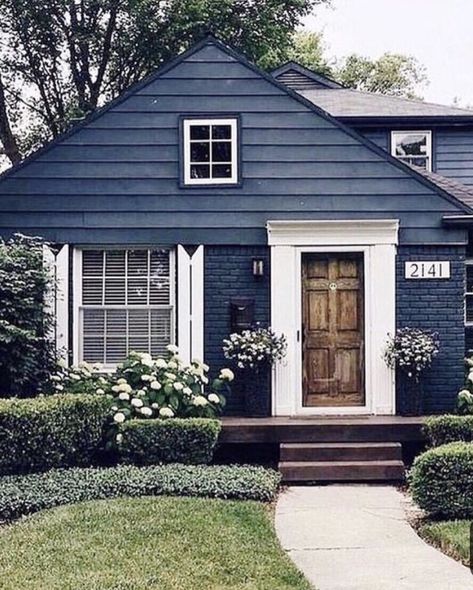 Gale force: sherwin Williams Navy Cottage, Casa Hobbit, Exterior Paint Colors For House, Casa Exterior, Manifestation Board, Painted Brick, River House, Exterior Paint Colors, Style At Home