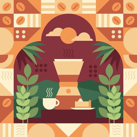 Flat Graphic Illustration, Flat Geometric Illustration, Coffee Inspired Art, Coffee Pattern Design, Coffee Pattern Illustration, Mosaic Branding, Coffee Illustration Design, Coffee Art Illustration, Coffee Illustration Art