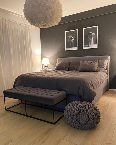 Dark And Light Grey Bedroom, Antracit Bedroom Ideas, Dark Grey Modern Bedroom, Dark Grey Bedroom Inspirations, Dark Grey Room Ideas Bedroom Aesthetic, Bedroom Inspo Grey Bed, Grey And Black Room Bedroom Ideas, Dark Grey And Black Bedroom, Dark Gray And White Bedroom