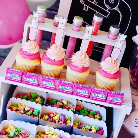 Kara's Party Ideas Project Mc2 Inspired Girly Science Party | Kara's Party Ideas Science Party Cupcakes, Science Cupcakes, Science Party Food, Science Cake, Science Birthday Party Ideas, Science Birthday Party, Mad Science Party, Graduation Party Desserts, Scientist Birthday