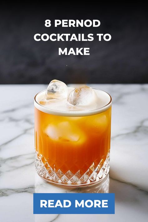 Glass of amber-colored cocktail with ice on a marble surface, with text "8 Pernod Cocktails to Make, Read More". Pernod Cocktail Drinks, Pernod Recipes, Black Licorice Candy, Sazerac Cocktail, Cocktail Experience, Licorice Candy, Sazerac, Black Licorice, Alcohol Drink Recipes