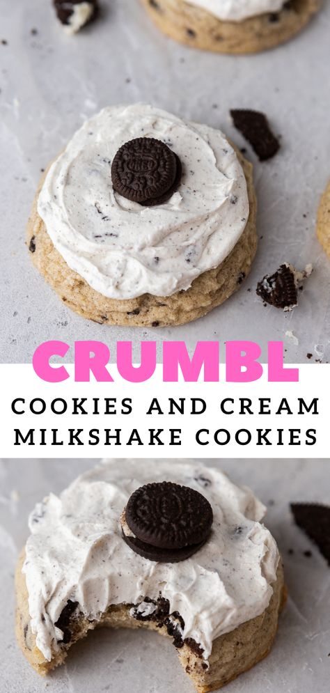 These cookies and cream milkshake cookies are the ultimate crumbl copycat recipe. This cookie is made with an Oreo sugar cookie then is topped with a cookies and cream buttercream. It is a favorite of all Oreos lovers! Crumbl Cookie Copycat Oreo Milkshake, Crumbl Oreo Milkshake Cookie, Oreo Milkshake Crumbl Cookies, Crumble Oreo Milkshake Cookies, Crumble Copycat Recipe, Crumbl Cookie Copycat Cookies And Cream, Cookies And Cream Crumble Cookie Recipe, Crumble Cookie Copycat Recipe Cookies And Cream, Crumbl Cookie Copycats