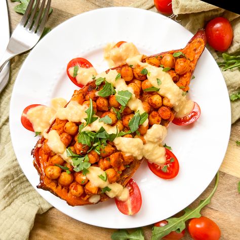 Sweet Potatoes with Chickpeas | A HEALTHY Dish for the Body & Soul Roasted Chickpeas And Sweet Potatoes, Sweet Potato Chickpeas, Seasoned Chickpeas, Paella Recipe Seafood, Paella Recipe, Chickpea Recipes, Baked Sweet Potato, Canned Chickpeas, Best Dishes