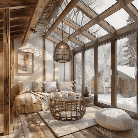 Rustic Natural Wood Sunroom Design Inspiration Wood Sunroom, Enclosed Sunroom Ideas, Sunroom Bedroom Ideas, Sunroom Seating, Solarium Room, Sunroom Renovation, Rustic Sunroom, Sunroom Inspiration, Sunroom Living Room