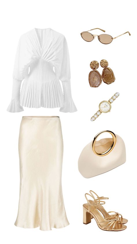 Nude white gold outfit, maxi satin skirt, gold accessories watch, strapped gold heels, beige purse, nude satin skirt, white blouse White Gold Outfit, Gold Heels Outfit, Gold And White Outfit, Maxi Satin Skirt, Gallery Outfit, Heels Beige, Beige Purse, Dressy Hats, Beige Purses