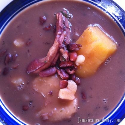 Traditional Jamaican red peas soup with pig's tail, sweet potato and coconut milk. The key ingredients to make the Jamaican red peas soup are, red peas, water, coconut milk and either pig's tail or salted beef. The other ingredients are optional. Jamaican Red Pea Soup With Beef, Jamaican Stew Peas With Pigs Tail, Red Peas Soup Jamaican Recipe, Jamaican Red Pea Soup Recipe, Jamaican Stew Peas, Red Peas, Stew Peas, Slow Cooker Stew, Beef Soup Recipes