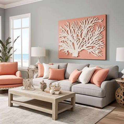 7 Colors That Go Well With Coral Coral Sofa Living Room Ideas, Coral Living Room Ideas, Coral Accent Walls, Coral Color Combinations, Peach Living Rooms, Coral Living Rooms, Coral Sofa, Beachy Living Room, Coral House