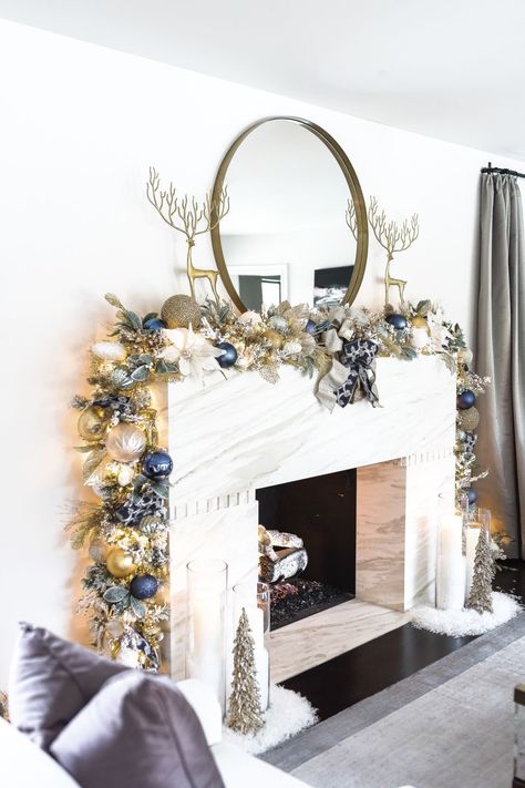 Read on for the most creative ways to show off your design style this holiday season. #christmasmantel #manteldecor #christmasdecorations #christmasdecor #christmasdecorideas #christmasideas Holiday Mantel Decor, Gold Christmas Decor, Blue Christmas Decor, Holiday Mantel, Gold Christmas Decorations, Christmas Mantel Decorations, White Christmas Decor, Christmas Fireplace, Chic Christmas