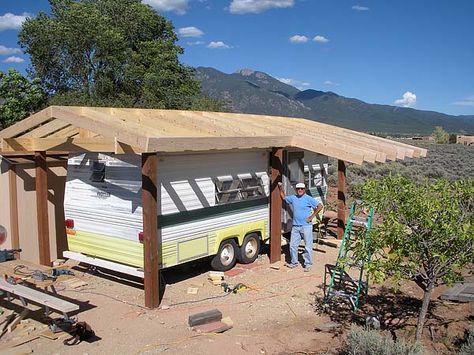 RV cover Travel Trailer Shelter, Camper Carport, Rv Shelter, Porch Pictures, Trailer Deck, Rv Carports, Trailer Makeover, Camper Awnings, Lumber Mill