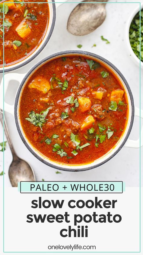 Slow Cooker Sweet Potato Chili - This paleo sweet potato chili recipe is one of our favorites. It tastes even better the next day! (Gluten-Free, Whole30) // Whole30 chili // crock pot sweet potato chili // paleo chili // chili no beans // chili without beans // healthy chili // Potato Chili Recipe, Whole30 Chili, Chili Paleo, Sweet Potato Chili Recipe, Crock Pot Sweet Potatoes, Potato Chili, Slow Cooker Sweet Potatoes, Paleo Slow Cooker, School Recipes