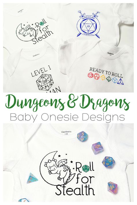 Use your Cricut to make some adorable DnD themed onesies for any Dungeons & Dragons playing new parents or parents to be. 4 designs included. Dnd Baby Shower Ideas, Nerd Baby, Dnd Crafts, Nerdy Baby, Parents To Be, Crochet Sewing, Geek Crafts, Cricut Craft, Dungeons Dragons