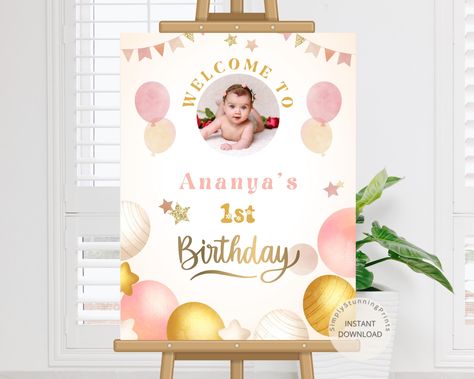 Pink Gold Birthday Party Welcome Sign | Baby Girl Balloons First Birthday Sign | 1st Birthday Party Decoration Poster | DIGITAL DOWNLOAD by SimplyStunningPrints on Etsy Baby Girl Balloons, Pink Gold Birthday Party, Balloons First Birthday, Pink And Gold Birthday Party, Pink Gold Birthday, First Birthday Sign, 1st Birthday Party Decorations, Party Welcome Sign