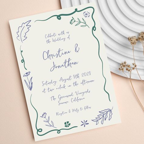 Whimsical Hand Drawn Illustrated Floral Wedding Invitation | Zazzle Whimsical Hand Lettering, Hand Drawn Stationary, Whimsical Floral Wedding, Doodle Wedding, Whimsical Wedding Invitations, Modern Rustic Wedding, Hand Drawn Wedding Invitations, Garden Party Invitations, Floral Wedding Invitation Card