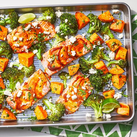 Sheet-Pan Salmon with Sweet Potatoes & Broccoli Sheet Pan Salmon With Sweet Potatoes And Broccoli, Meteranian Dinner Recipes, Mediterranean Diet High Protein, High Protein Mediterranean Diet, Mediterranean Diet Protein, Blue Zone Recipes Easy Dinners, Easy Mediterranean Diet Recipes Dinners, Mediterranean Entrees, Mediterranean Broccoli