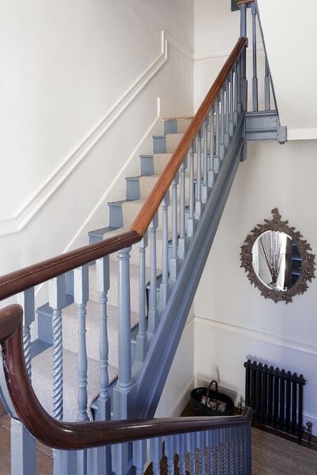 Blue Hallway Ideas And Inspiration — MELANIE LISSACK INTERIORS Blue Hallway Ideas, Edwardian Hallway, Country Photoshoot, Blue Hallway, Hall Colour, Hallway Paint, Stairs Landing, Inchyra Blue, Painted Staircases