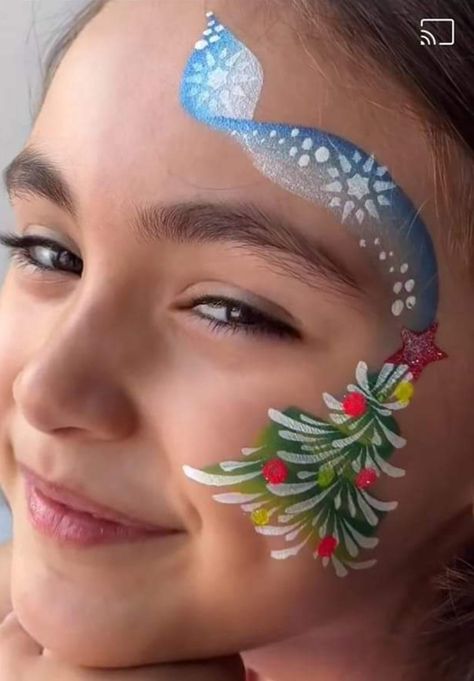 Holly Face Paint, Boy Reindeer Face Paint, Hippo Face Paint, Face Paint Ideas Christmas, Winter Face Paint Ideas, Face Painting Set Up Ideas, Kids Christmas Face Paint, Xmas Face Paint, Christmas Unicorn Face Paint