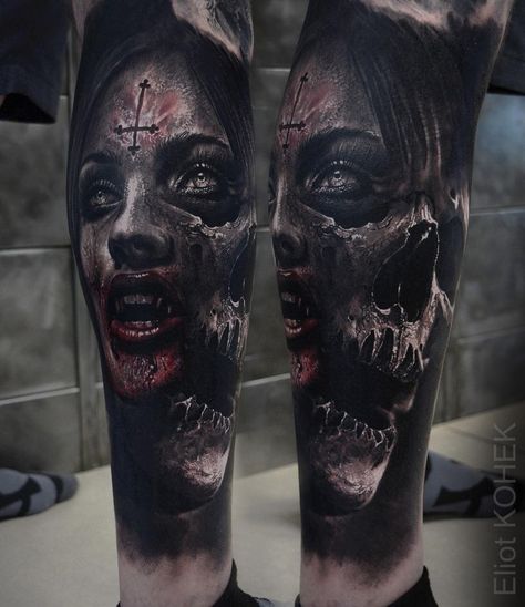 Eliot Kohek, Realistic Tattoo Sleeve, Evil Tattoos, Demon Tattoo, Fusion Ink, Scary Tattoos, Amazing Tattoos, Creepy Tattoos, Horror Tattoo