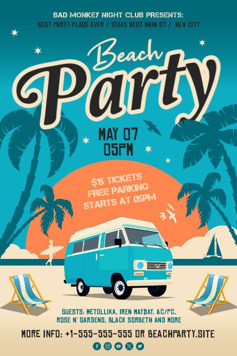 Beach Party Poster Beach Party Graphic Design, Beach Graphic Design Poster, Retro Beach Poster, Summer Party Graphic Design, Summer Party Poster Design, Graphic Design Event Poster, Summer Event Poster, Summer Design Poster, Beach Party Poster Design