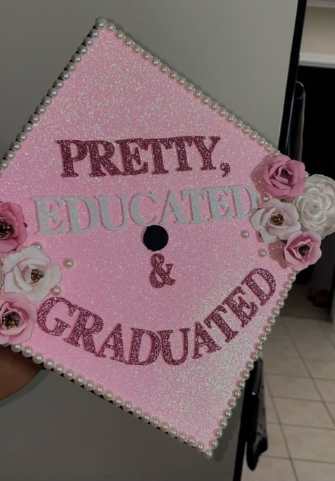 Grad Cap Ideas Baddie, Inspo For Graduation Caps, Design Caps Graduation, Cute Cap Graduation Ideas, Pretty And Educated Grad Cap, Cute Senior Cap Ideas, Designs For Caps For Graduation, Class Of 2026 Graduation, Graduation 2025 Aesthetic