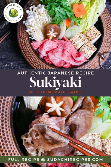 Japanese sukiyaki made with thin slices of wagyu beef, charred tofu and vegetables cooking in a sweet homemade sauce in an iron pot Easy Sushi Recipes Homemade, Japanese Sukiyaki Recipe, Sliced Beef Recipes, Sukiyaki Recipe, Beef Sushi, Japanese Side Dish, Sushi Recipes Homemade, Japanese Sauce, Japanese Beef