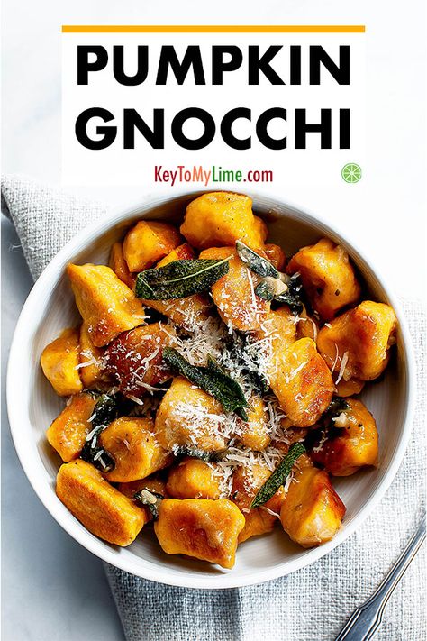 This pumpkin gnocchi with sage butter sauce is SO GOOD! It’s easy and high in protein because it’s made with Greek yogurt instead of baked potato. I’ll be making this pumpkin gnocchi recipe all season long! #pumpkin #pumpkinrecipes #gnocchi #pumpkingnocchi | keytomylime.com Christmas Recipes Dinner Main Courses, Tempting Food, Appetizing Food, Sage Butter Sauce, Pumpkin Gnocchi, Halloween Food Dinner, Brown Butter Sauce, Halloween Food Appetizers, Gnocchi Recipe