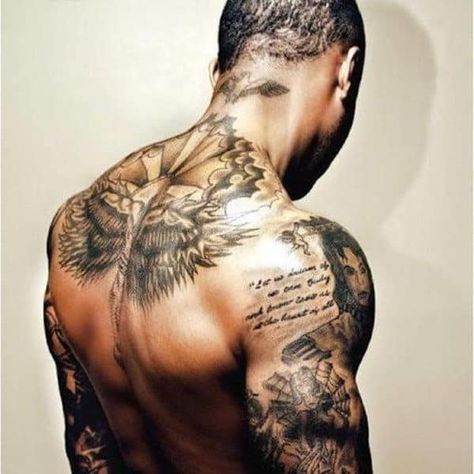 Top 59 Shoulder Tattoos For Men [2021 Inspiration Guide] Shoulder Tattoo Quotes, Hd Tattoos, Meaningful Tattoos For Men, Tattoo Quotes For Men, Cool Back Tattoos, Cool Shoulder Tattoos, Dr Woo, Upper Back Tattoos, Angel Tattoos