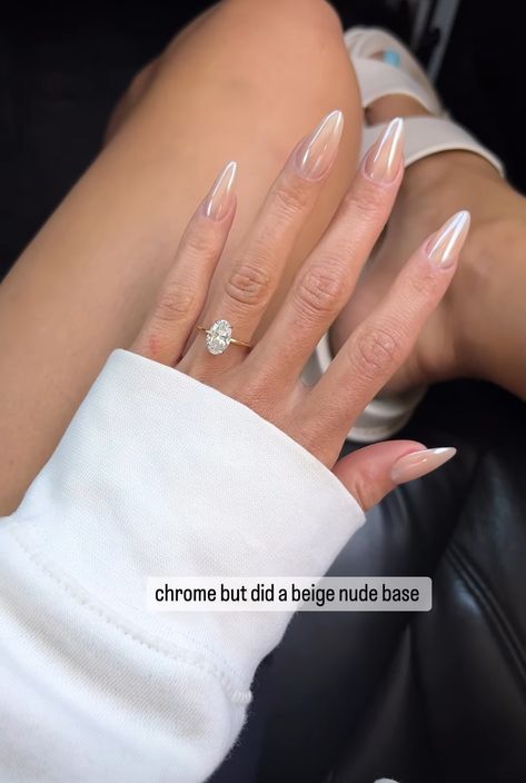 Nails For Black Dress Wedding, Clear Pearl Nails, Acrylics 2023, Pretty Almond Nails Classy, Nude Chrome Nails Almond, Clear Chrome Nails, Chrome Nude Nails, Natural Chrome Nails, Nude Chrome Nails