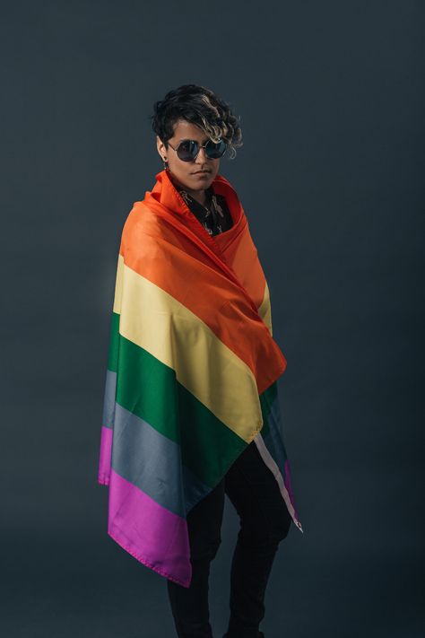 Browse Free HD Images of Wearing The Pride Flag With Shades Flag Photoshoot, Selling Jewelry Online, Stock Photos Funny, Lgbtq Flags, Lgbt Flag, Steampunk Sunglasses, Free Love, Rainbow Outfit, Punk Vintage