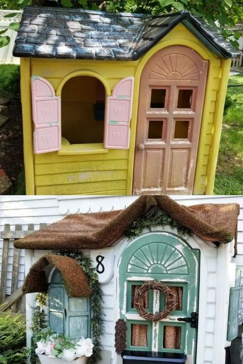 Refurbished Plastic Playhouse, Fairy Cottage Playhouse, Repainted Playhouse, Refurbished Playhouse, Neverland Playroom, Playhouse Transformation, Playhouse Redo, Ferret Enclosure, Plastic Playhouse Makeover