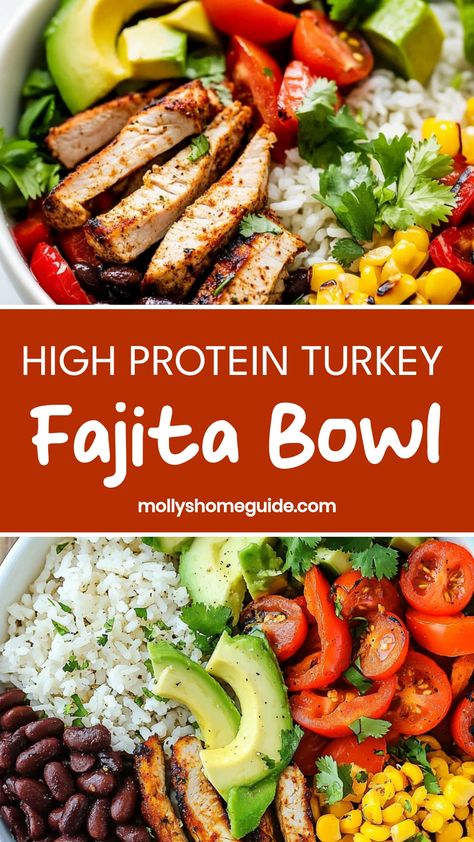 Indulge in a delicious and flavorful meal by trying out this mouthwatering turkey fajita bowl recipe. Packed with juicy turkey, colorful bell peppers, zesty seasoning, and served on a bed of rice, this dish is sure to be a hit with your taste buds. Easy to make and perfect for a quick weeknight dinner or to impress guests at your next gathering. Elevate your culinary game with this wholesome and satisfying turkey fajita bowl that will leave you craving more! Turkey Bowls, Fajita Bowl Recipe, Fajita Bowl, Turkey Bowl, Juicy Turkey, Fajita Bowls, Protein Bowls, Oven Roasted Turkey, Fresh Tomato Salsa