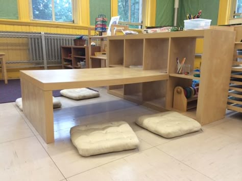 Expedit Preschool Children’s Table + Shelving - IKEA Hackers.  simply cut desk down to size for kids.  great idea! Ikea Preschool Classroom, Ikea Preschool, Zen Classroom, Eyfs Environment, Ikea Classroom, Classroom Shelves, Preschool Classroom Setup, Reception Class, Writing Organization