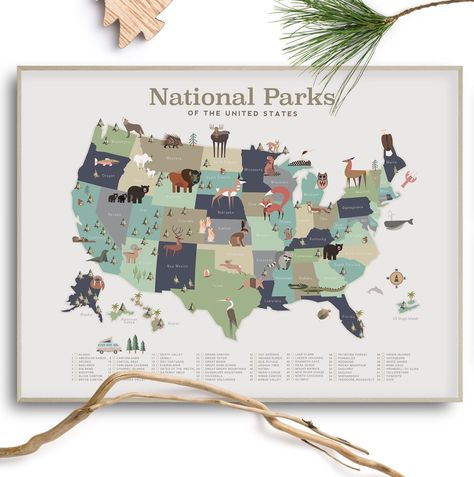 National park map plus 4 animal prints, free with your order, Kids room art, Baby Shower gift, Nursery, National park checklist, Wall decor National Park Checklist, National Park Map, Maps For Kids, National Parks Map, Park Ranger, Usa Map, Park Art, Glossy Print, Kids Room Art