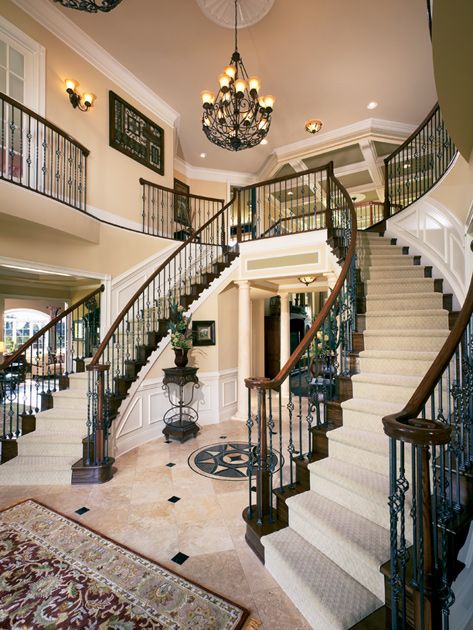 Double staircase in the Henley Foyer at Tridelphia Crossing, Maryland! Double Curved Staircase Foyer Entryway, 2 Staircase Entrance, Double Staircase Foyer, Staircase Design Ideas, Double Staircase, Foyer Entrance, House Staircase, Toll Brothers, Grand Foyer