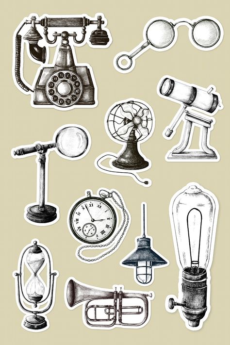 Black And White Vintage Stickers, Vintage Stickers Printables Retro, Vintage Design For Scrapbook Printable, Vintage Design For Scrapbook, Andrew Wiles, Telescope Vintage, Vintage Aesthetic Stickers Printables, Retro Objects, Movie Illustration