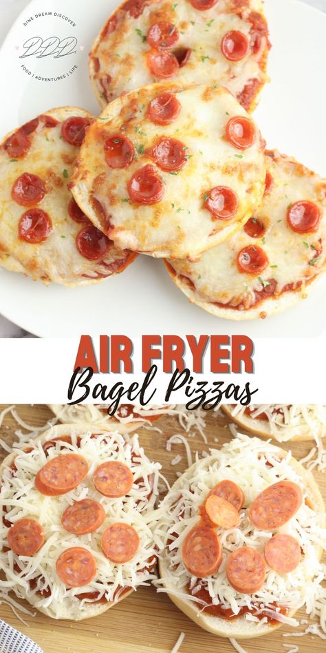 Air Fryer Bagel Pizzas - Dine Dream Discover Pizza Bagels In Oven, Pizza Bagels In Air Fryer, Bagel Pizzas, Toaster Recipes, Bagel Pizza, How To Make Bagels, College Meal, Air Fryer Pizza, Bagel Thins