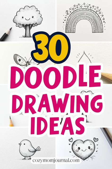 30 Doodle Drawing Ideas featuring sketches of a tree, rainbow, feather, and heart. Simple Journal Drawing Ideas, Doodle Ideas For Kids, Motivational Drawings Ideas Easy, Easy Doodles Drawings Cute Simple, Fun Simple Drawings, Drawing Ideas Easy Doodles Tutorials, Doodle Of The Day, Positive Sketches, How To Draw Doodles Step By Step