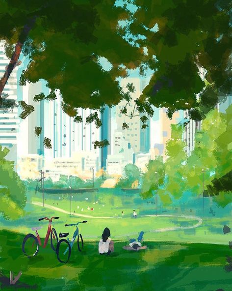 Digital Illustration Pascal Campion Park Illustration Background, Park Drawing, Park Illustration, Outfit Gacha, Pascal Campion, Illustration Fantasy, Orang Utan, Blond Amsterdam, Art Et Illustration