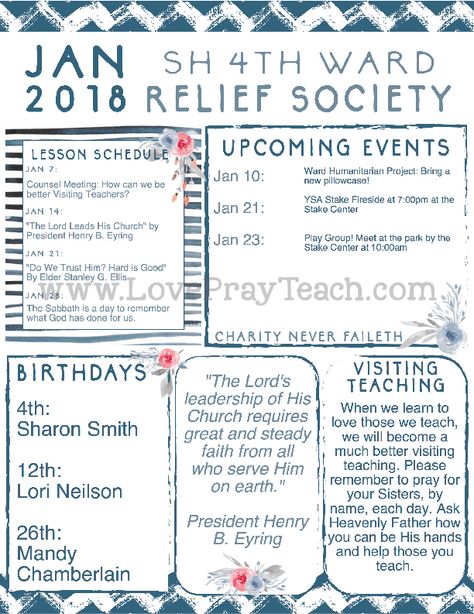 2018 Relief Society Newsletter and Lesson Schedule Calendar by www.LovePrayTeach.com Relief Society Secretary, Relief Society Newsletter, Lesson Schedule, Lds Relief Society Activities, Relief Society Lesson Helps, Lds Coloring Pages, Newsletter Template Free, Lds Primary Lesson Helps, Relief Society Lessons