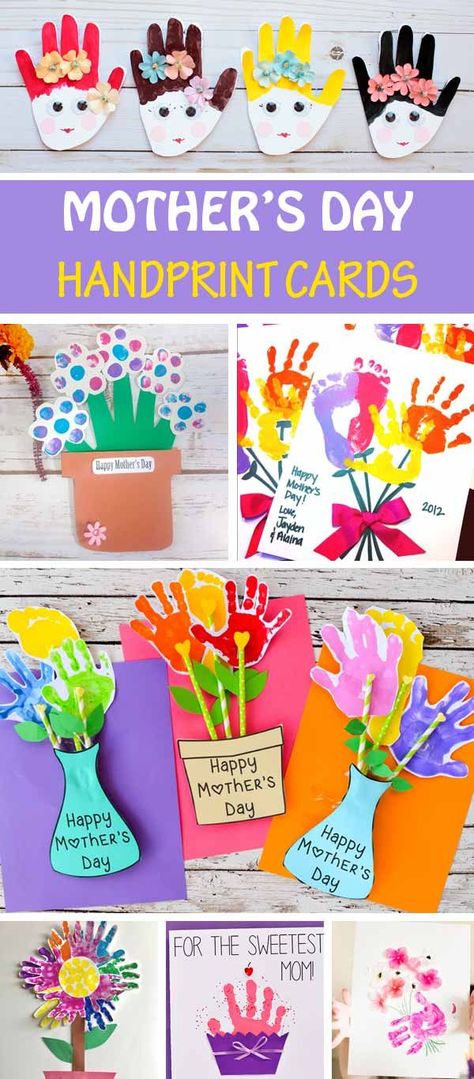 Mother's Day handprint cards for kids to make for mom and gramda. Handprint flower cards, handprint cupcake card, handprint florpot cards and more #MothersDay #handprint #MothersDayCards Flower Pot Cards, Handprint Cards, Cards For Kids To Make, Handprint Flower, Easy Mother's Day Crafts, Diy Mother's Day Crafts, Mothers Day Pictures, Cupcake Card, Mother's Day Activities