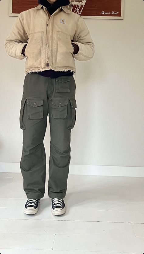 Work Jacket Streetwear, Utility Outfit Street Styles, Brown Utility Pants Outfit, Work Wear Aesthetic Men, Workwear Jacket Outfit Men, Ama Lou, Beige Jacket Outfit, Rick Owens Outfit Men, Indie Fashion Men